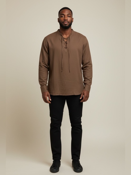 Zeroyaa Other - Men's Brown Lace-Up Long-Sleeve Shirt